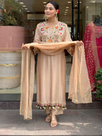 Beige & Lavender Embroidered Chanderi Kurta Set – Elegant Festive Outfit