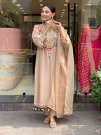 Beige & Lavender Embroidered Chanderi Kurta Set – Elegant Festive Outfit