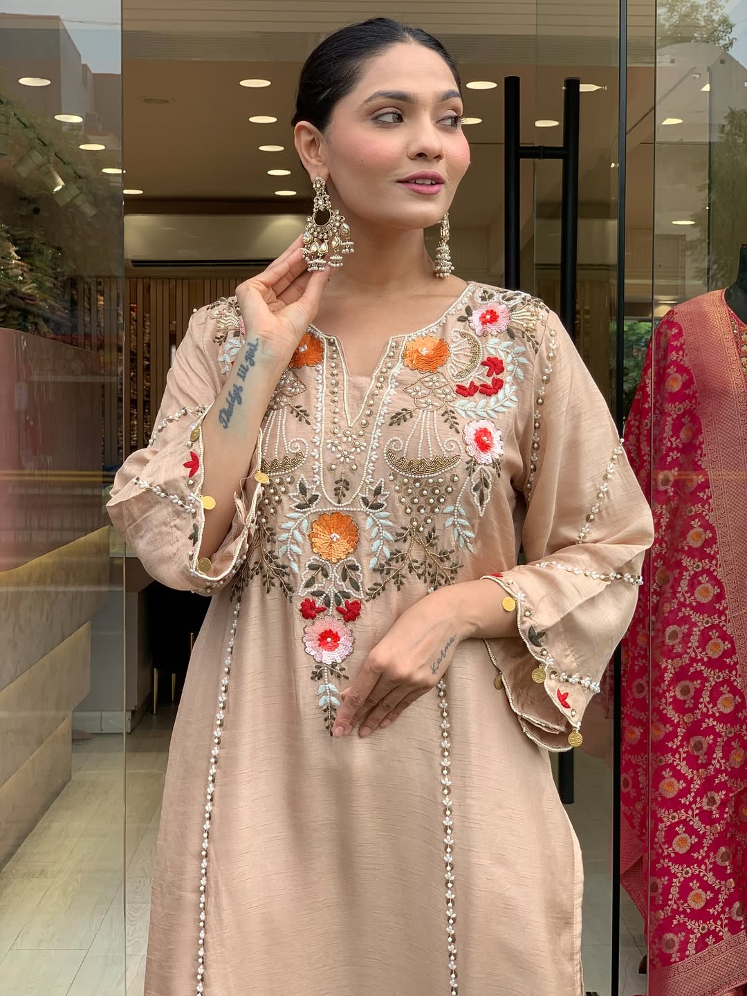 Beige & Lavender Embroidered Chanderi Kurti Set with Dupatta | Elegant Festive Ethnic Wear for Women