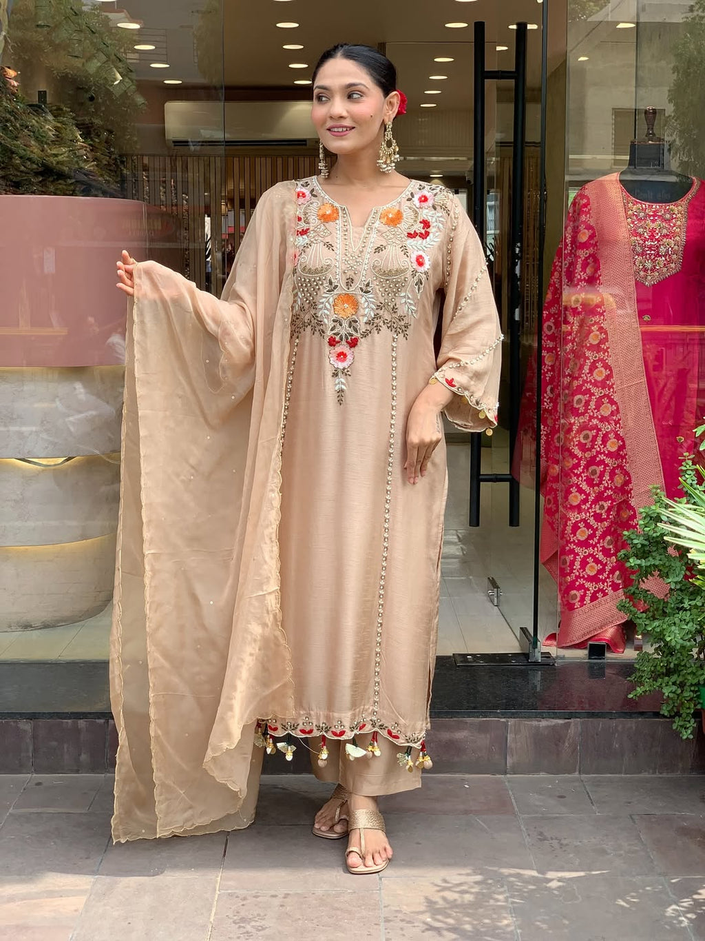 Beige & Lavender Embroidered Chanderi Kurta Set – Elegant Festive Outfit