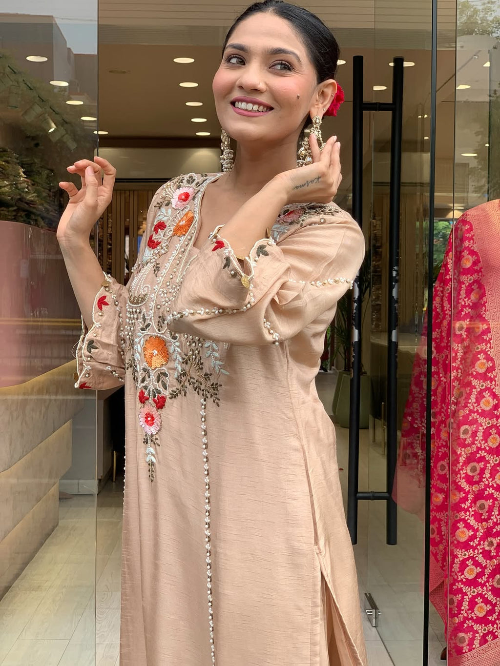 Beige & Lavender Embroidered Chanderi Kurta Set – Elegant Festive Outfit