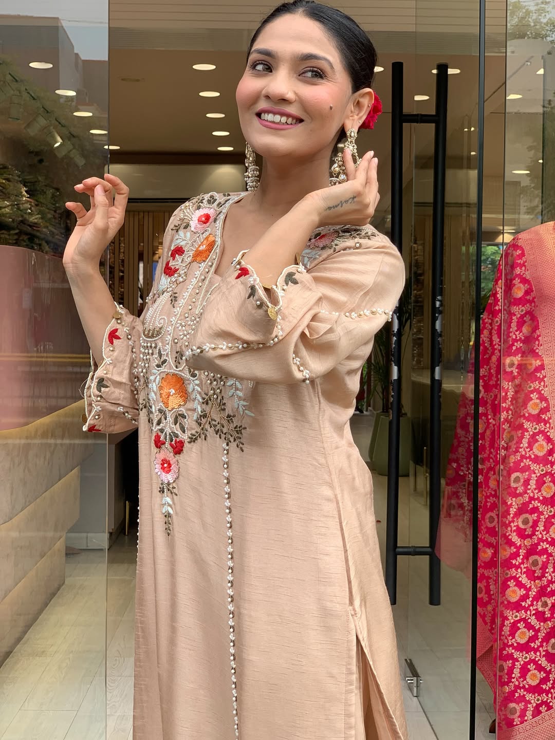 Beige & Lavender Embroidered Chanderi Kurta Set – Elegant Festive Outfit