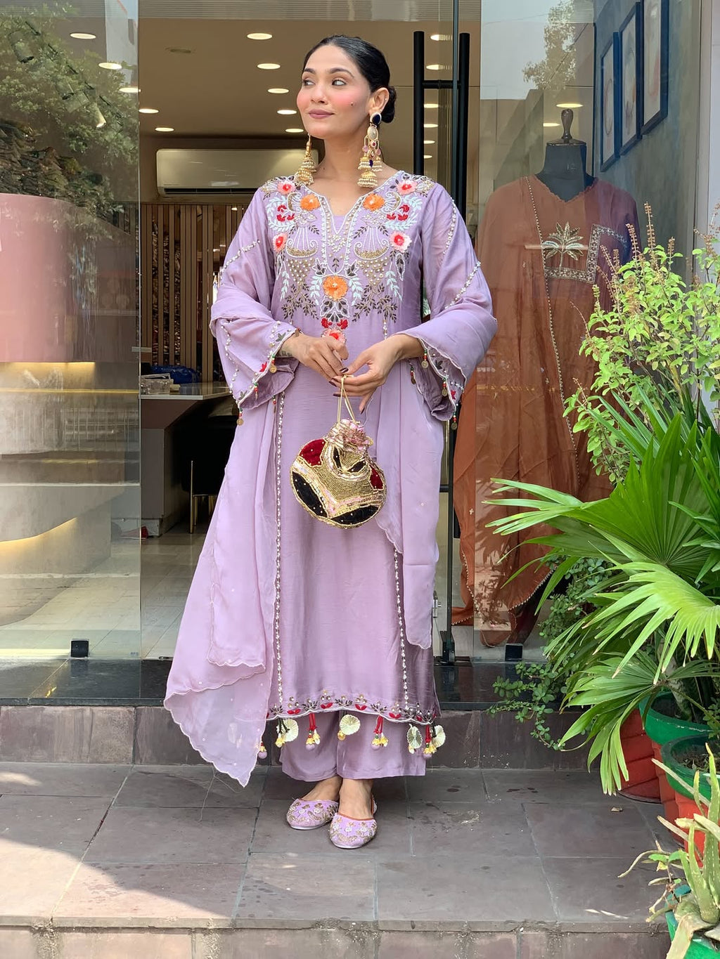 Beige & Lavender Embroidered Chanderi Kurta Set – Elegant Festive Outfit