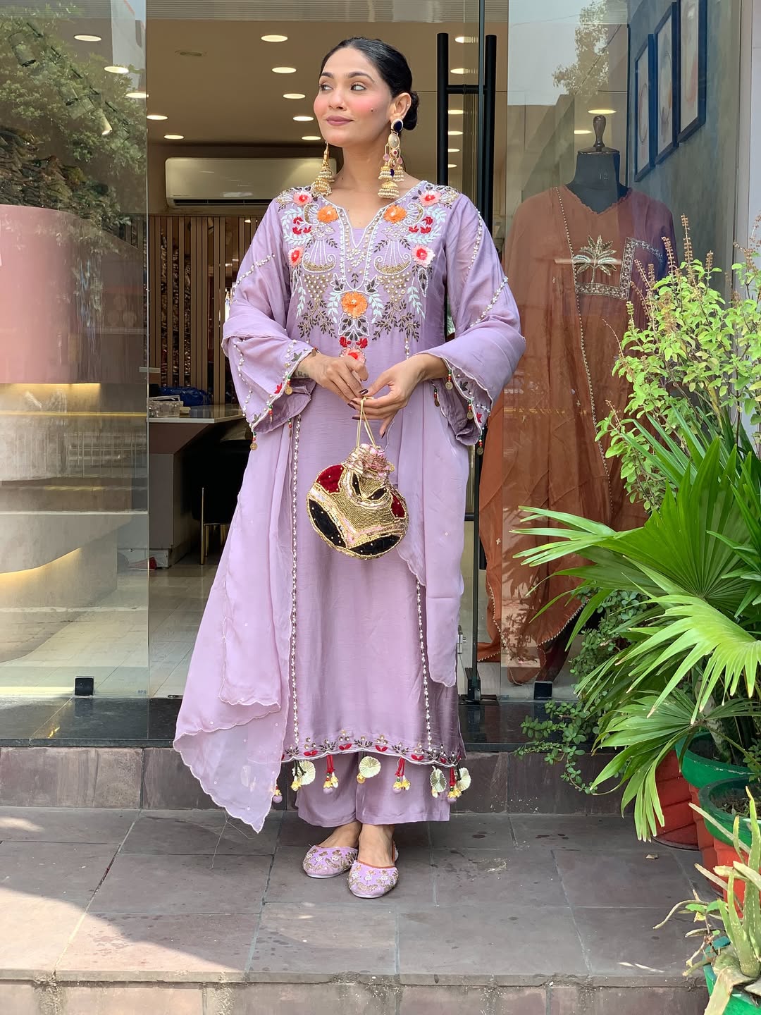 Beige & Lavender Embroidered Chanderi Kurti Set with Dupatta | Elegant Festive Ethnic Wear for Women