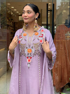 Beige & Lavender Embroidered Chanderi Kurta Set – Elegant Festive Outfit