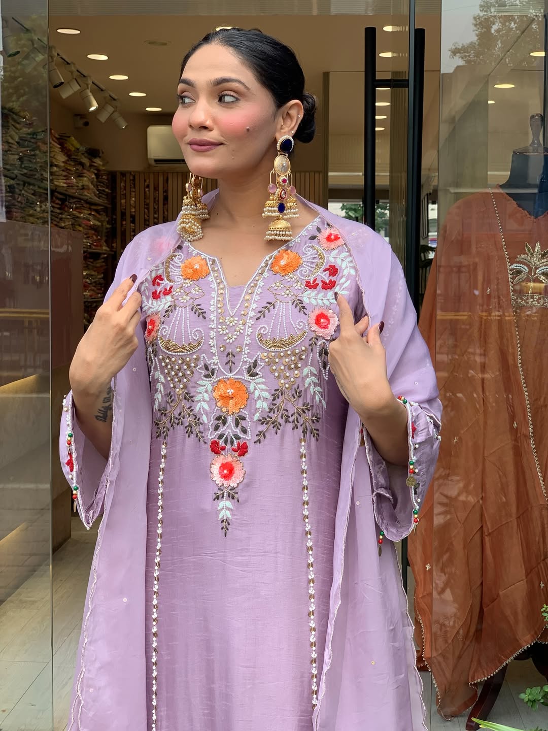 Beige & Lavender Embroidered Chanderi Kurti Set with Dupatta | Elegant Festive Ethnic Wear for Women