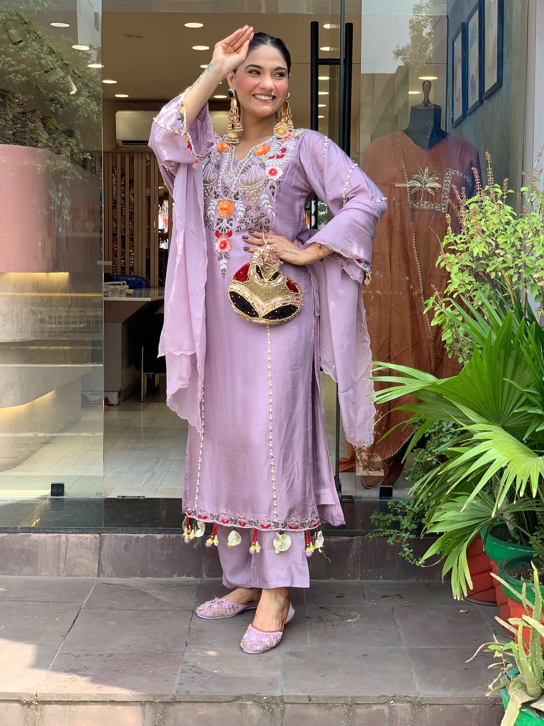 Beige & Lavender Embroidered Chanderi Kurti Set with Dupatta | Elegant Festive Ethnic Wear for Women