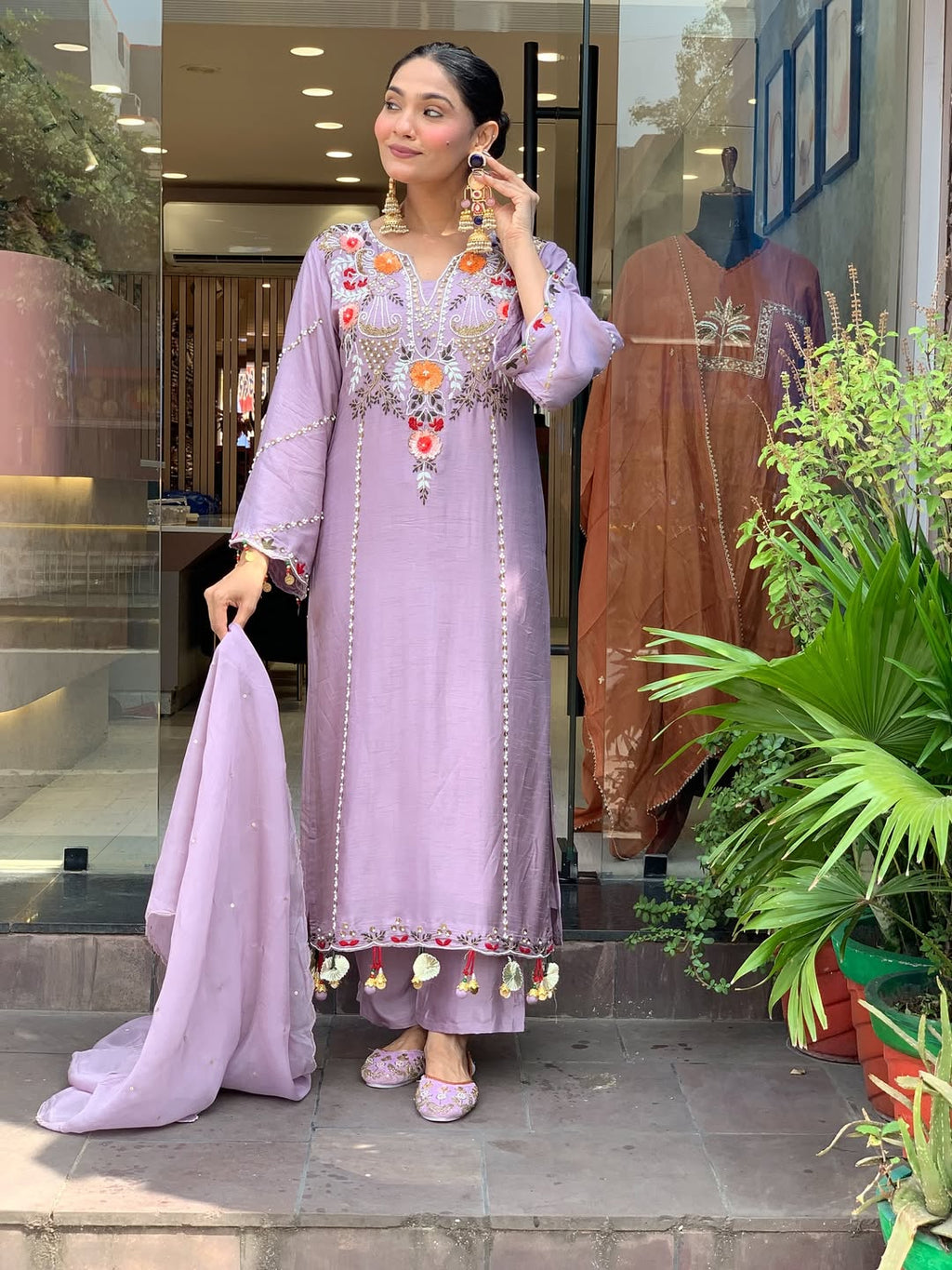 Beige & Lavender Embroidered Chanderi Kurta Set – Elegant Festive Outfit