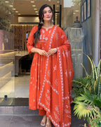Orange Printed Cotton Anarkali Kurti Set – Casual & Festive Wear