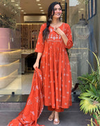 Orange Printed Cotton Anarkali Kurti Set – Casual & Festive Wear