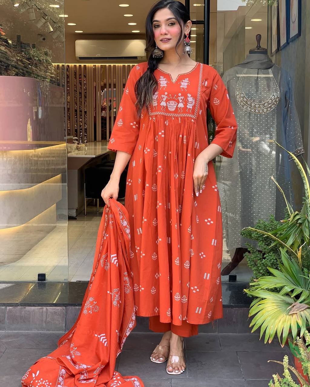 Orange Printed Cotton Anarkali Kurti Set – Casual & Festive Wear