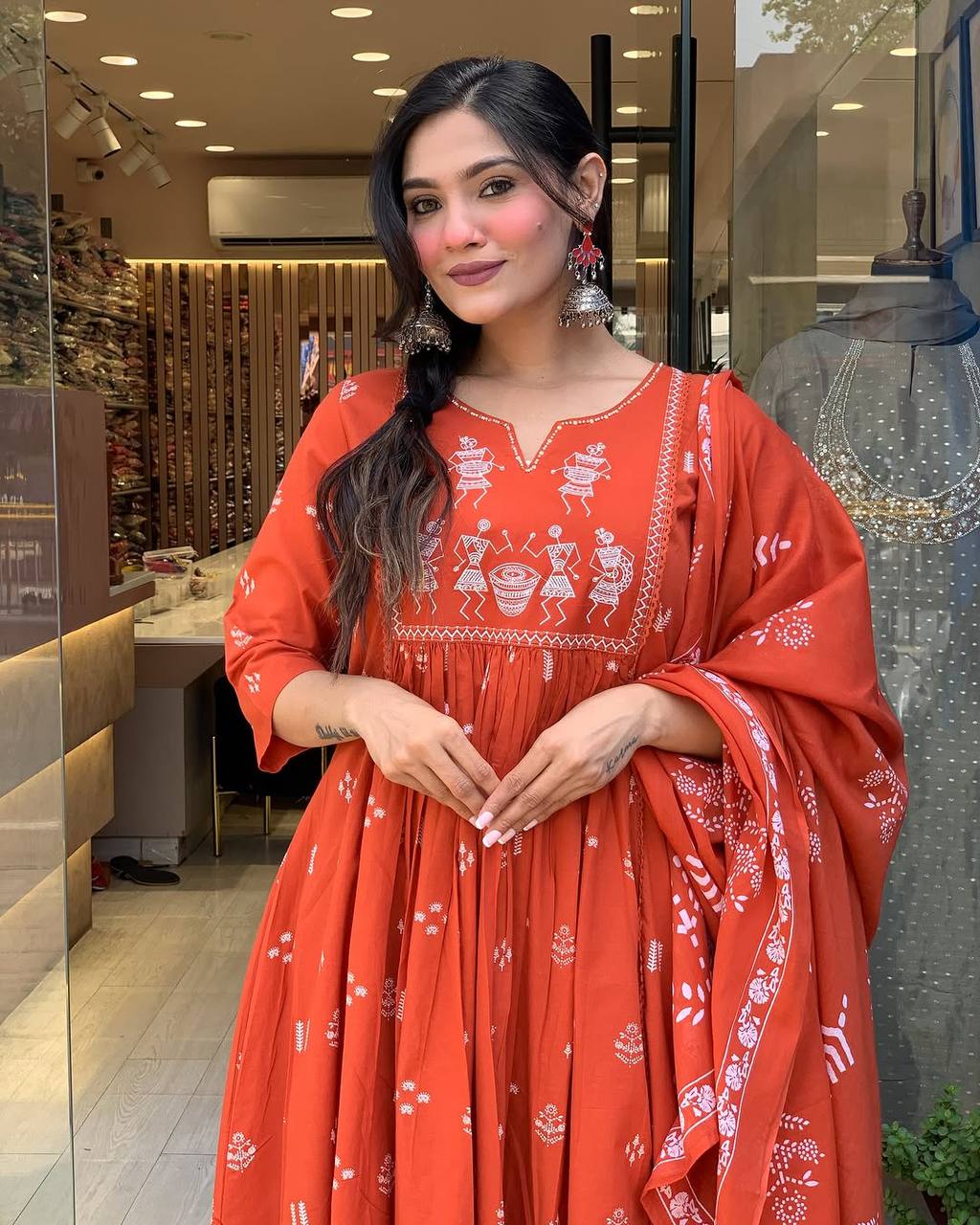 Orange Printed Cotton Anarkali Kurti Set – Casual & Festive Wear