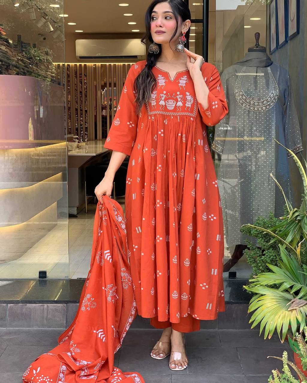 Orange Printed Cotton Anarkali Kurti Set – Casual & Festive Wear