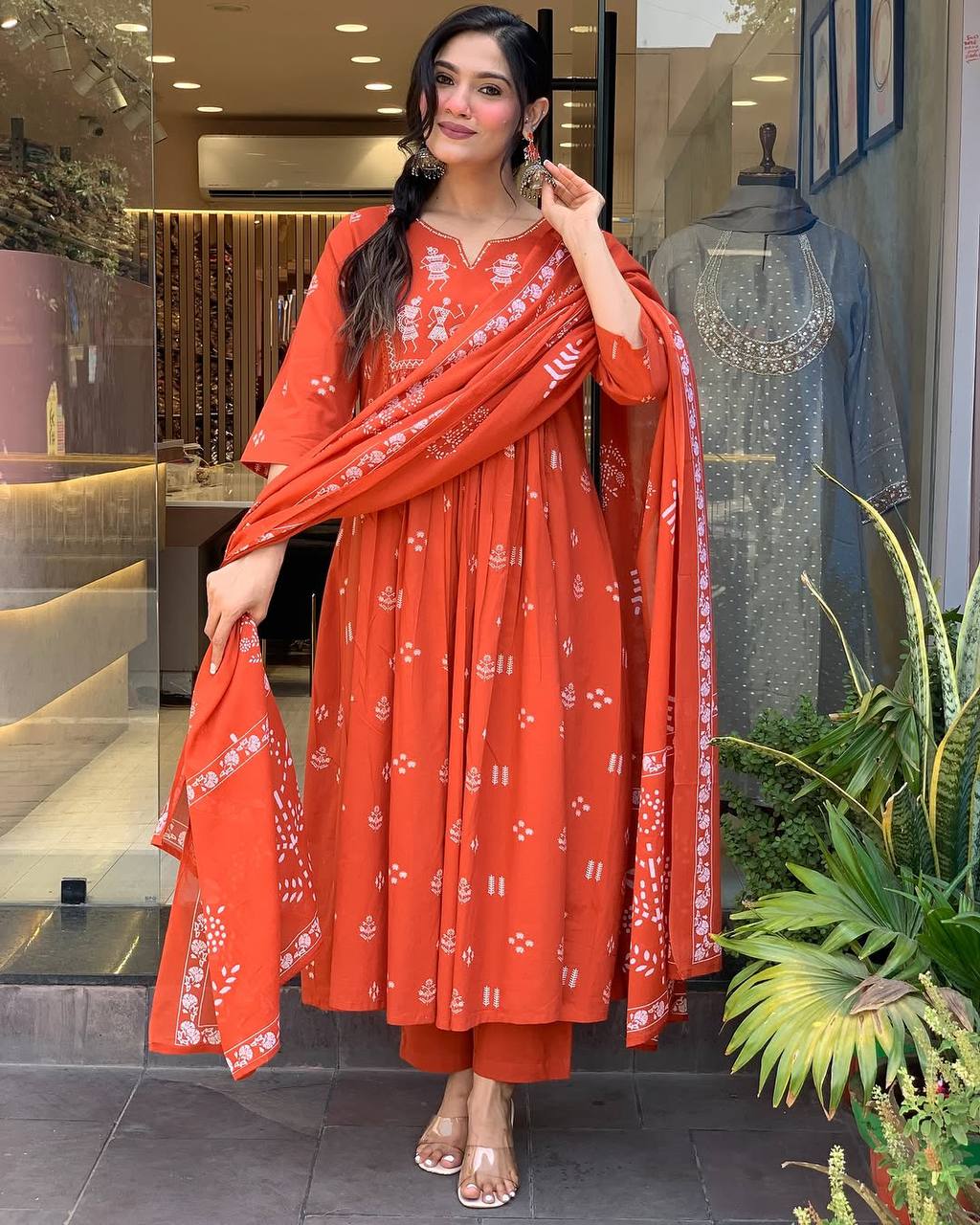 Orange Printed Cotton Anarkali Kurti Set – Casual & Festive Wear
