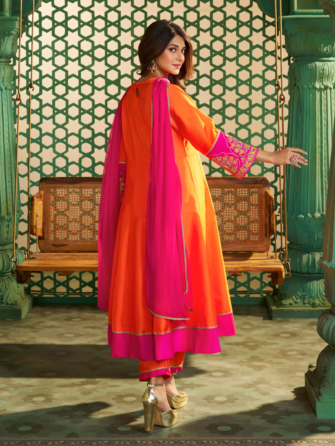 Orange Pink Anarkali Suit Set for Women – Festive & Wedding Outfit