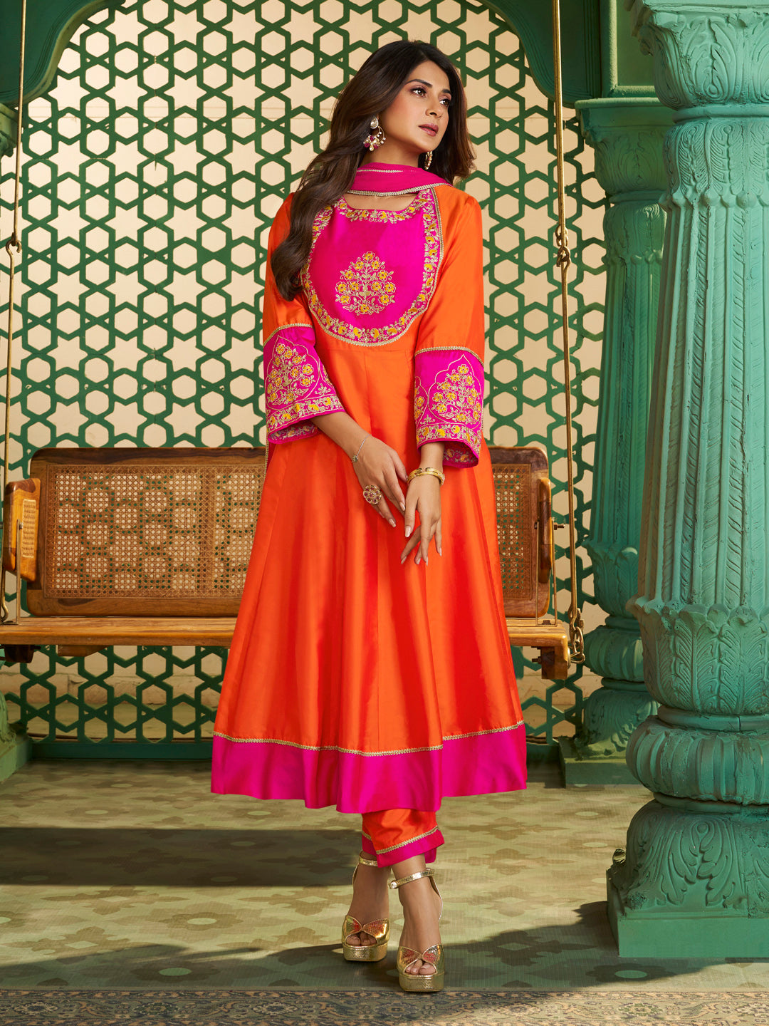 Orange Pink Anarkali Suit Set for Women – Festive & Wedding Outfit