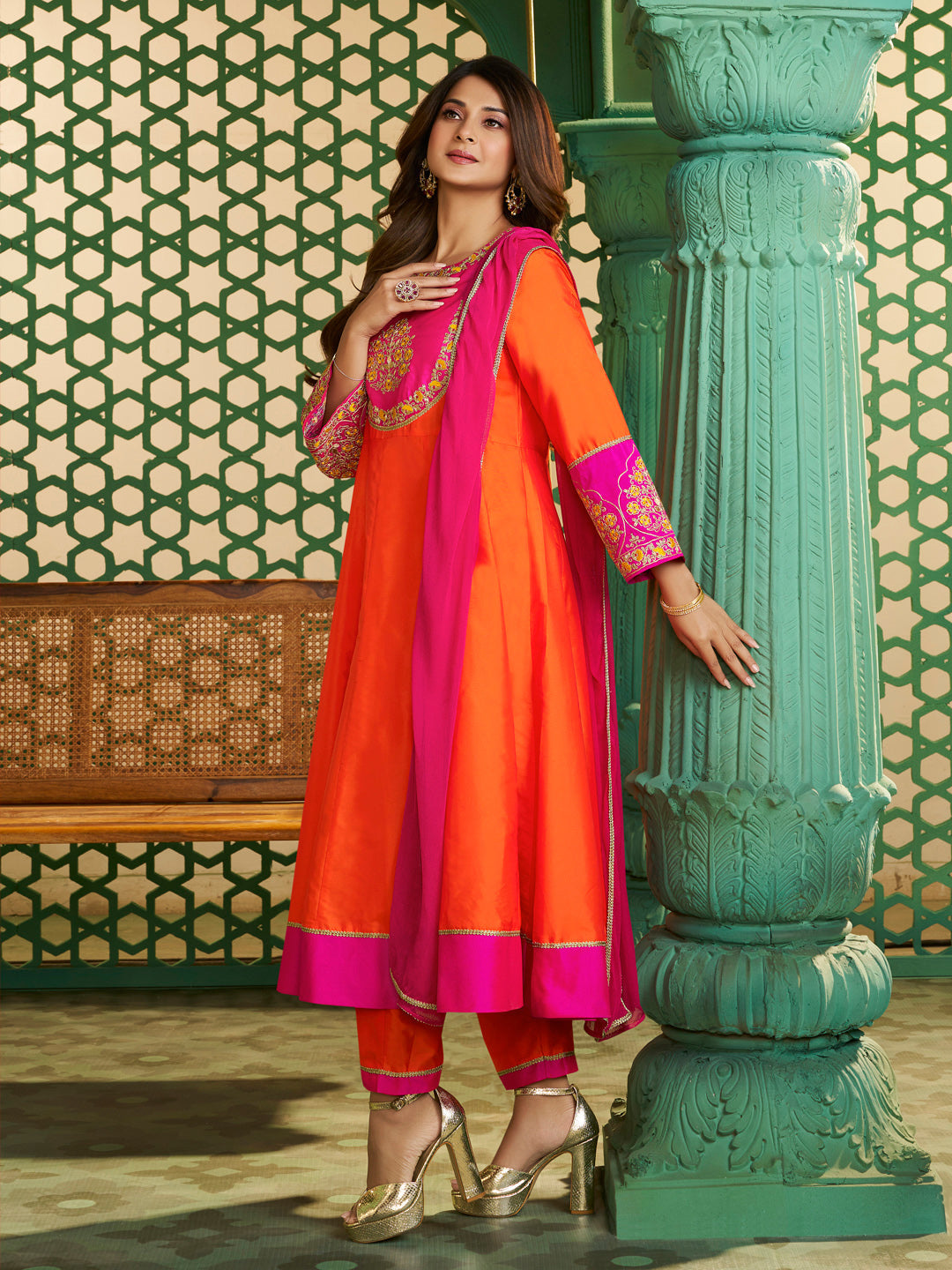 Orange Pink Anarkali Suit Set for Women – Festive & Wedding Outfit