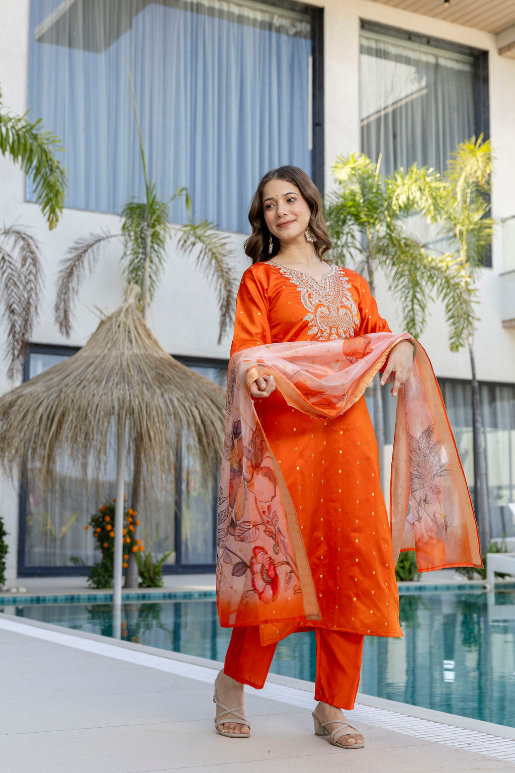 Orange Embroidered Jacquard Kurta Set with Organza Dupatta – Festive Wear