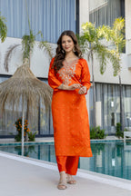 Orange Embroidered Jacquard Kurta Set with Organza Dupatta – Festive Wear