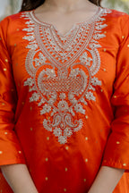 Orange Embroidered Jacquard Kurta Set with Organza Dupatta – Festive Wear