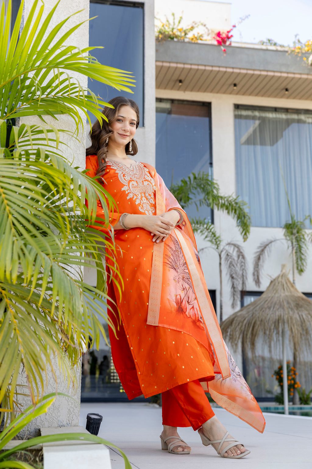 Orange Embroidered Jacquard Kurta Set with Organza Dupatta – Festive Wear