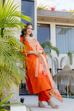 Orange Embroidered Jacquard Kurta Set with Organza Dupatta – Festive Wear