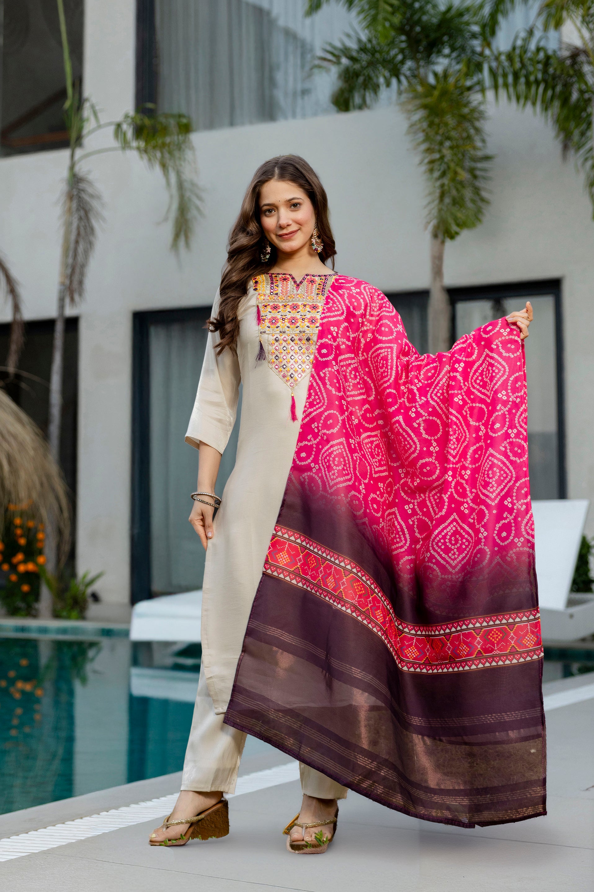 Cream Embroidered Viscose Kurti Set with Printed Dupatta | Elegant Ethnic Wear for Women