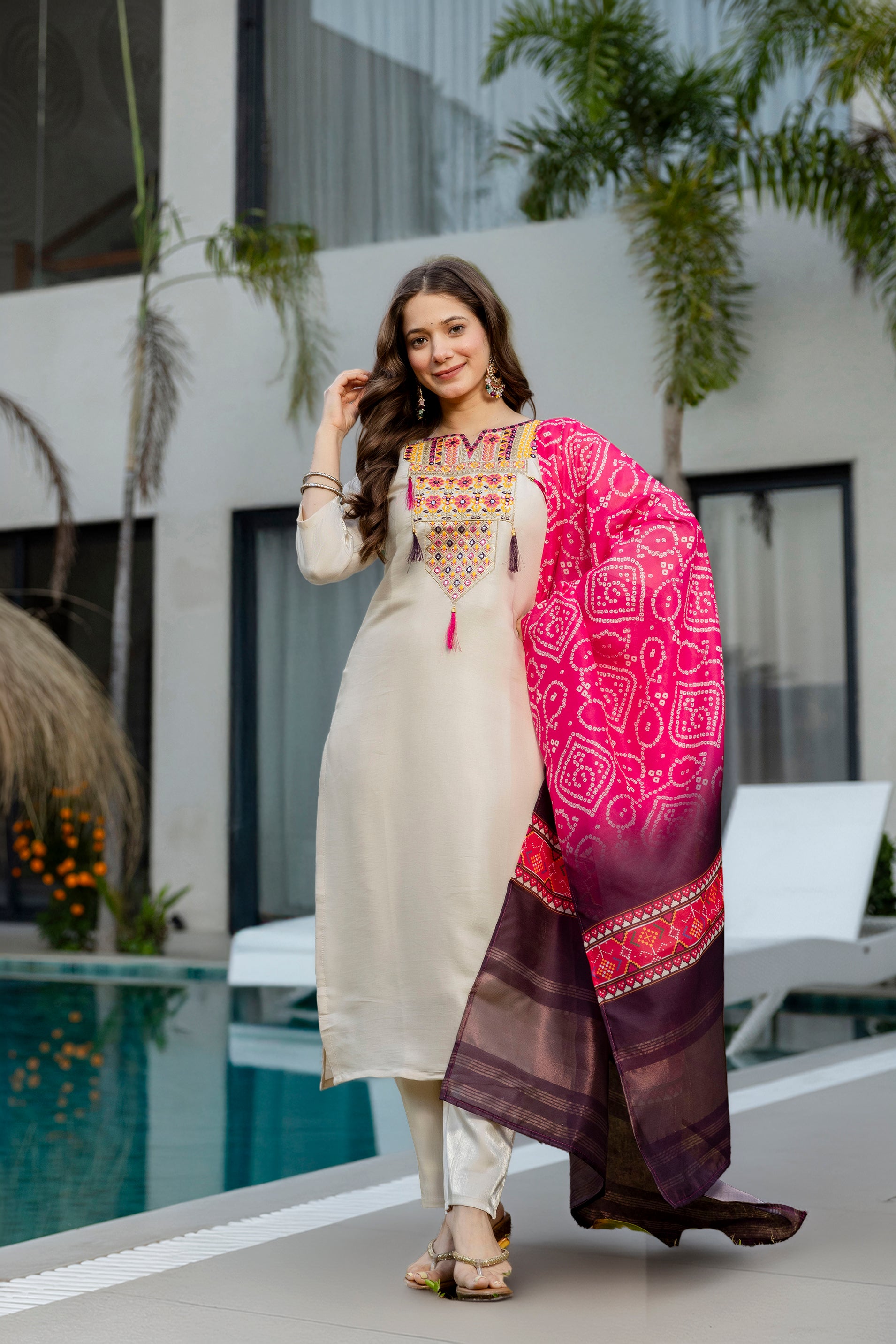 Cream Embroidered Viscose Kurti Set with Printed Dupatta | Elegant Ethnic Wear for Women