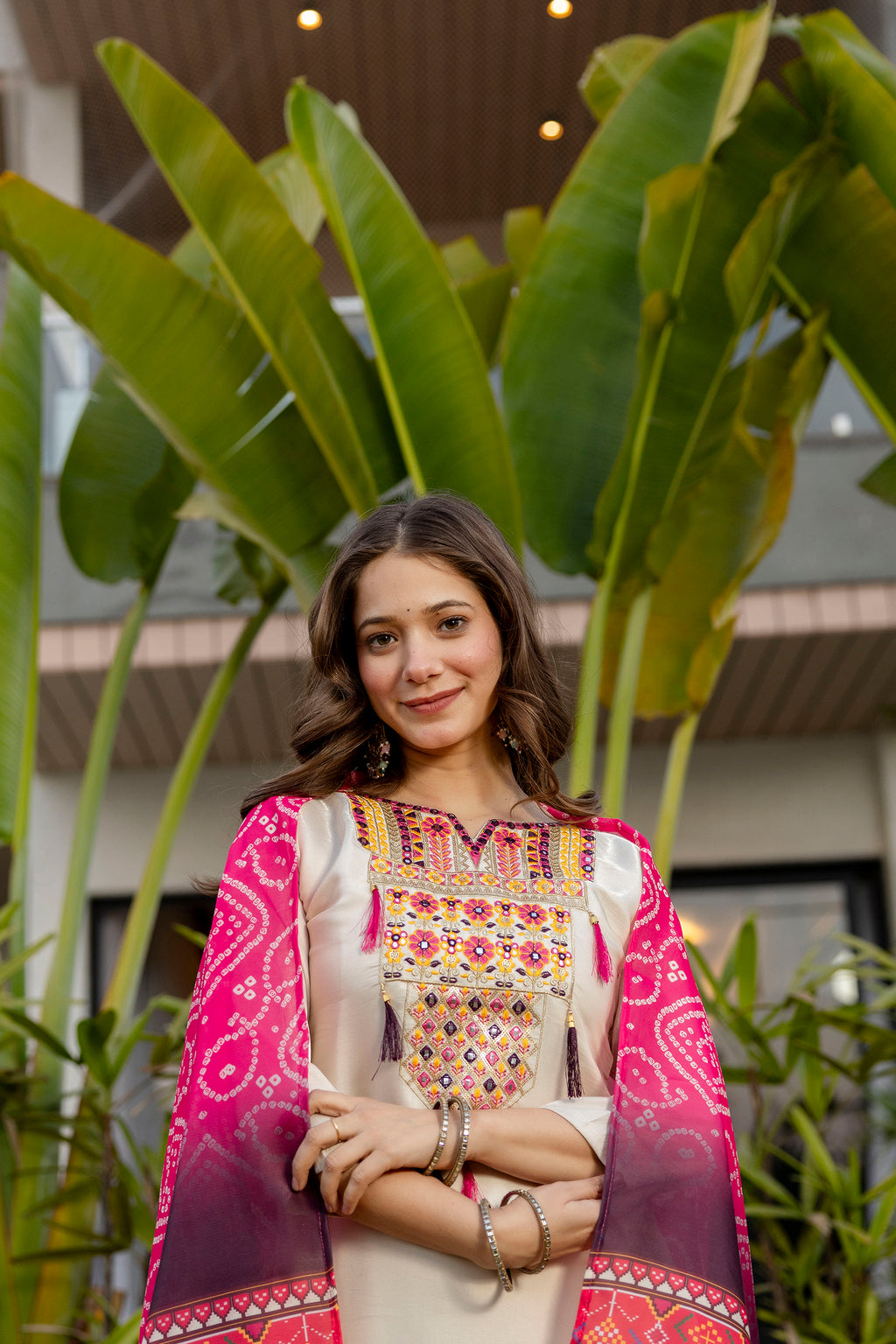 Cream Embroidered Viscose Kurta Set with Printed Dupatta – Elegant Ethnic Wear