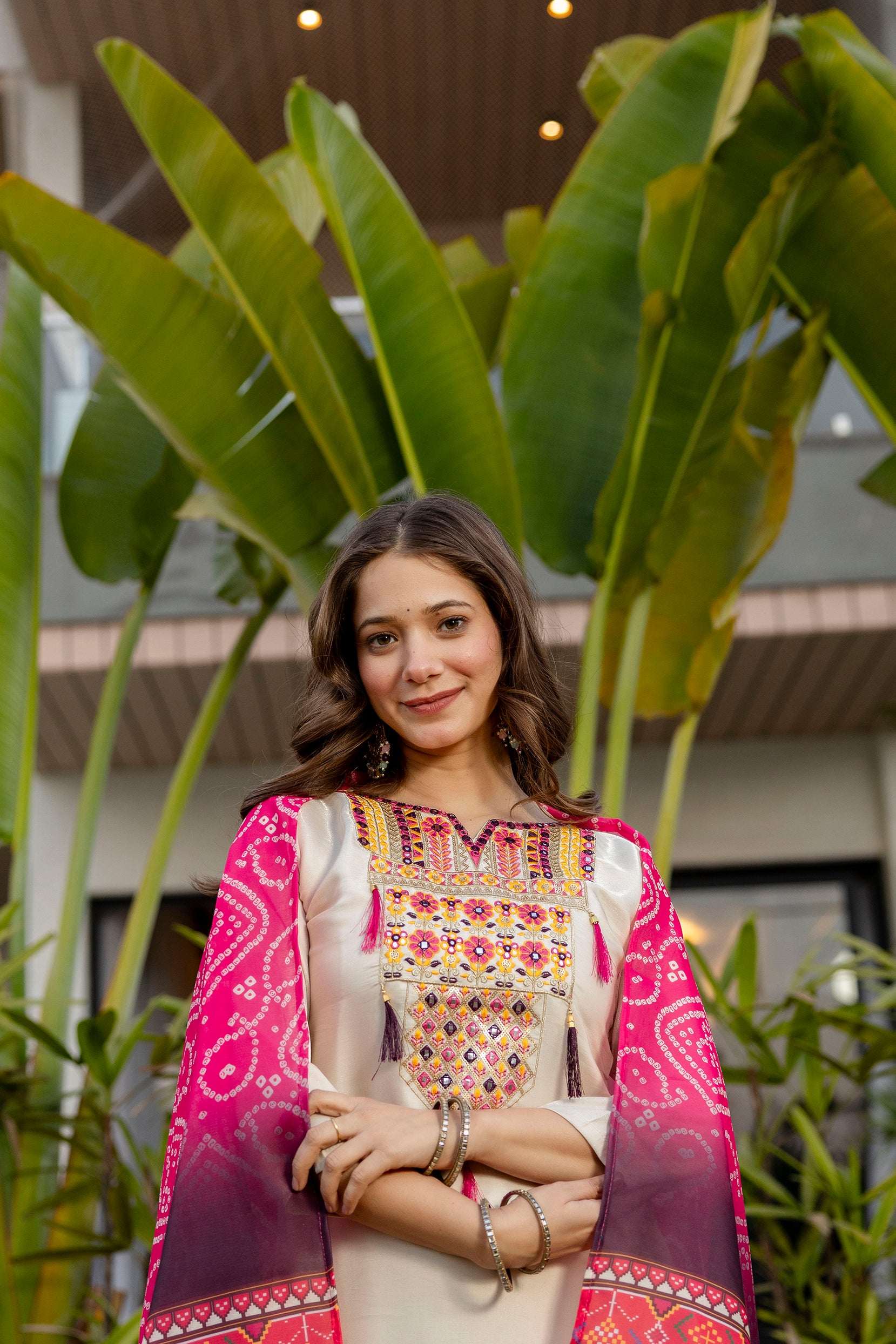 Cream Embroidered Viscose Kurta Set with Printed Dupatta – Elegant Ethnic Wear