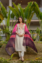Cream Embroidered Viscose Kurta Set with Printed Dupatta – Elegant Ethnic Wear