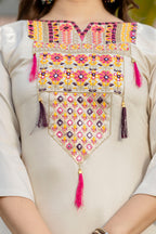 Cream Embroidered Viscose Kurta Set with Printed Dupatta – Elegant Ethnic Wear