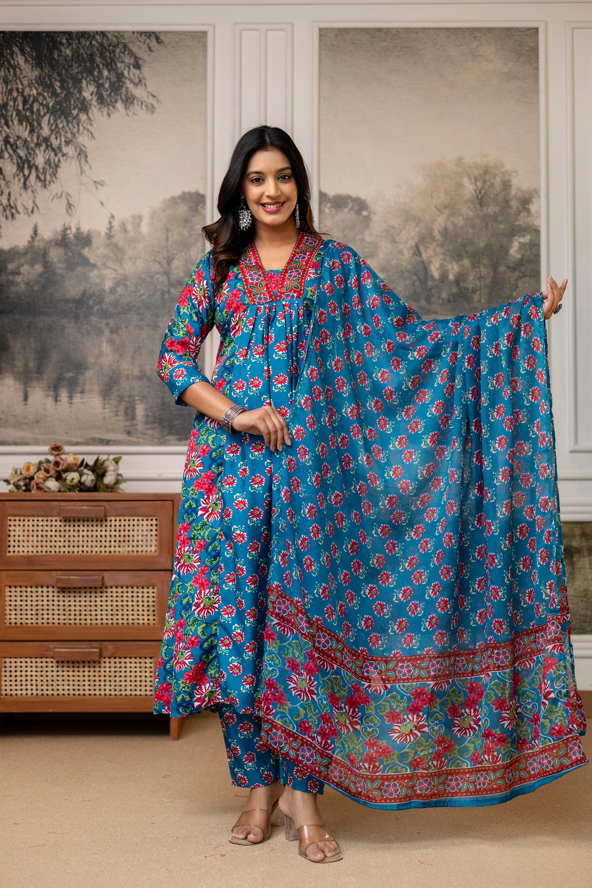 Teal Blue Floral Cotton Kurti Set with Printed Dupatta – Casual Wear
