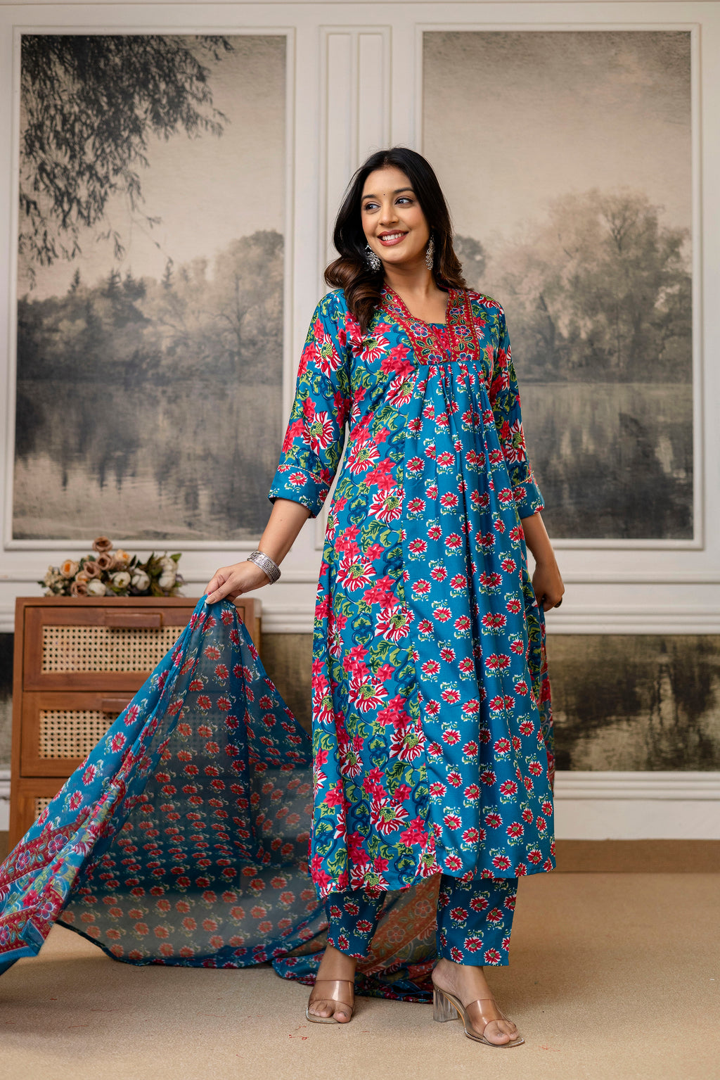 Teal Blue Floral Cotton Kurti Set with Printed Dupatta – Casual Wear