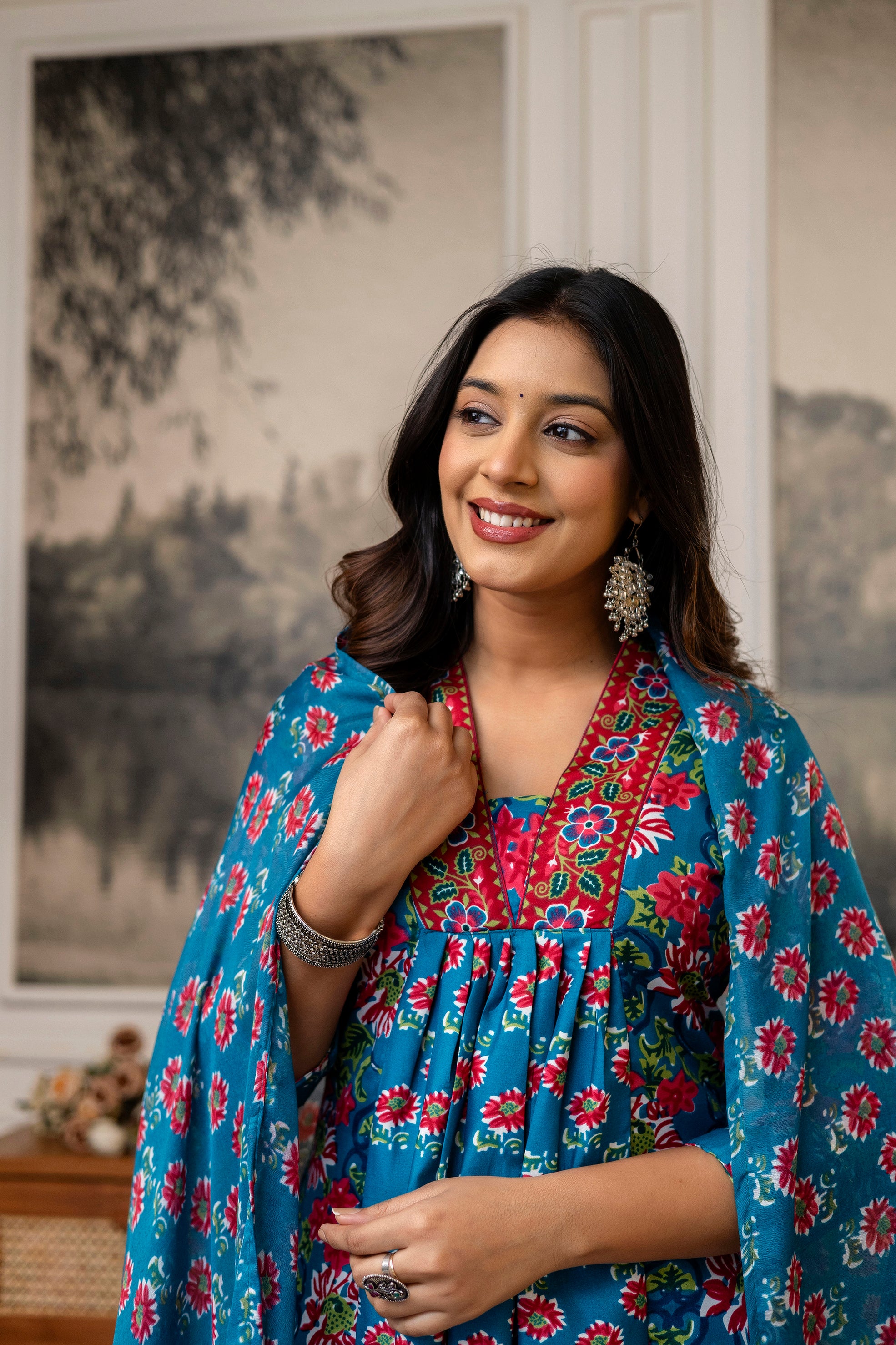 Teal Blue Floral Cotton Kurti Set with Printed Dupatta – Casual Wear