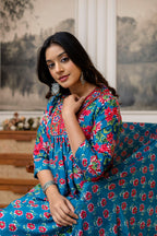 Teal Blue Floral Cotton Kurti Set with Printed Dupatta – Casual Wear