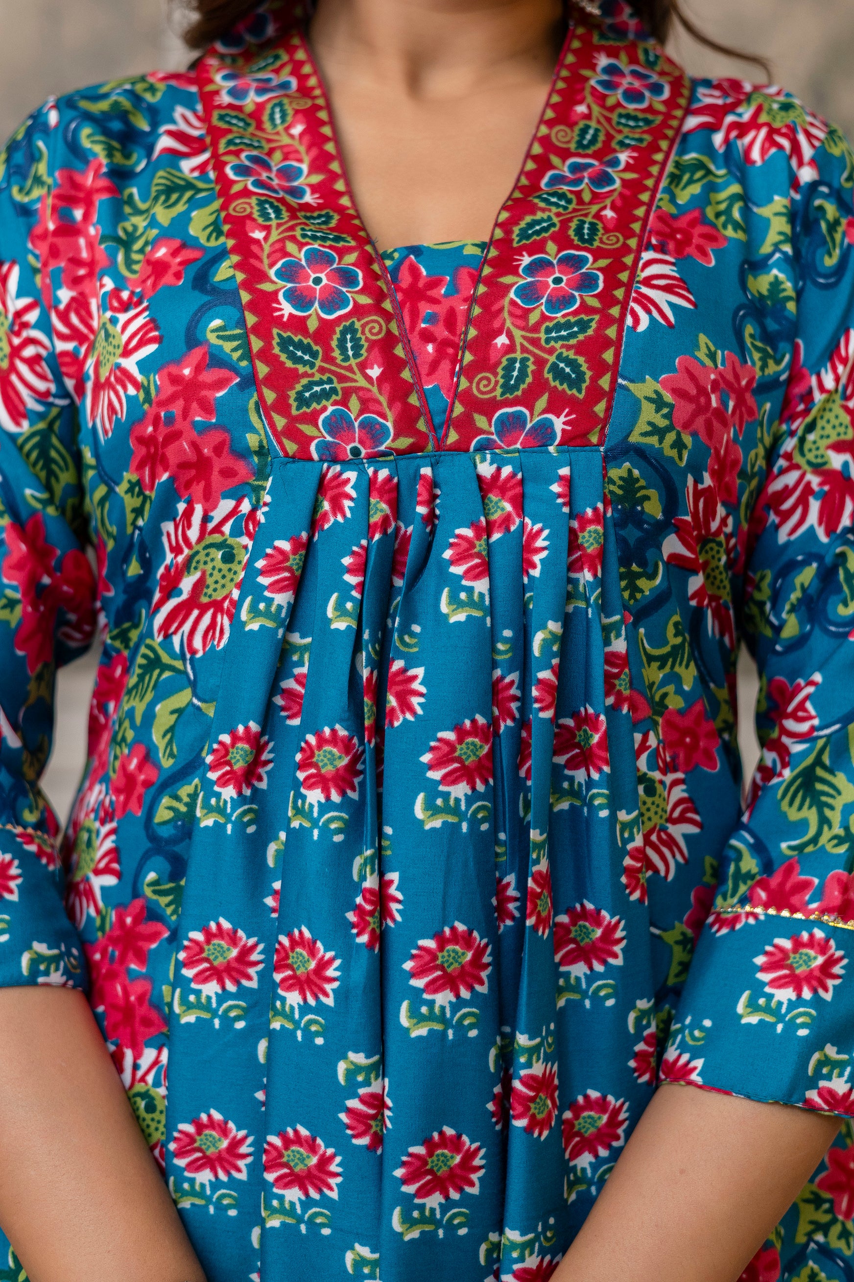 Teal Blue Floral Cotton Kurti Set with Printed Dupatta – Casual Wear