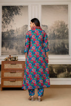 Teal Blue Floral Cotton Kurti Set with Printed Dupatta – Casual Wear