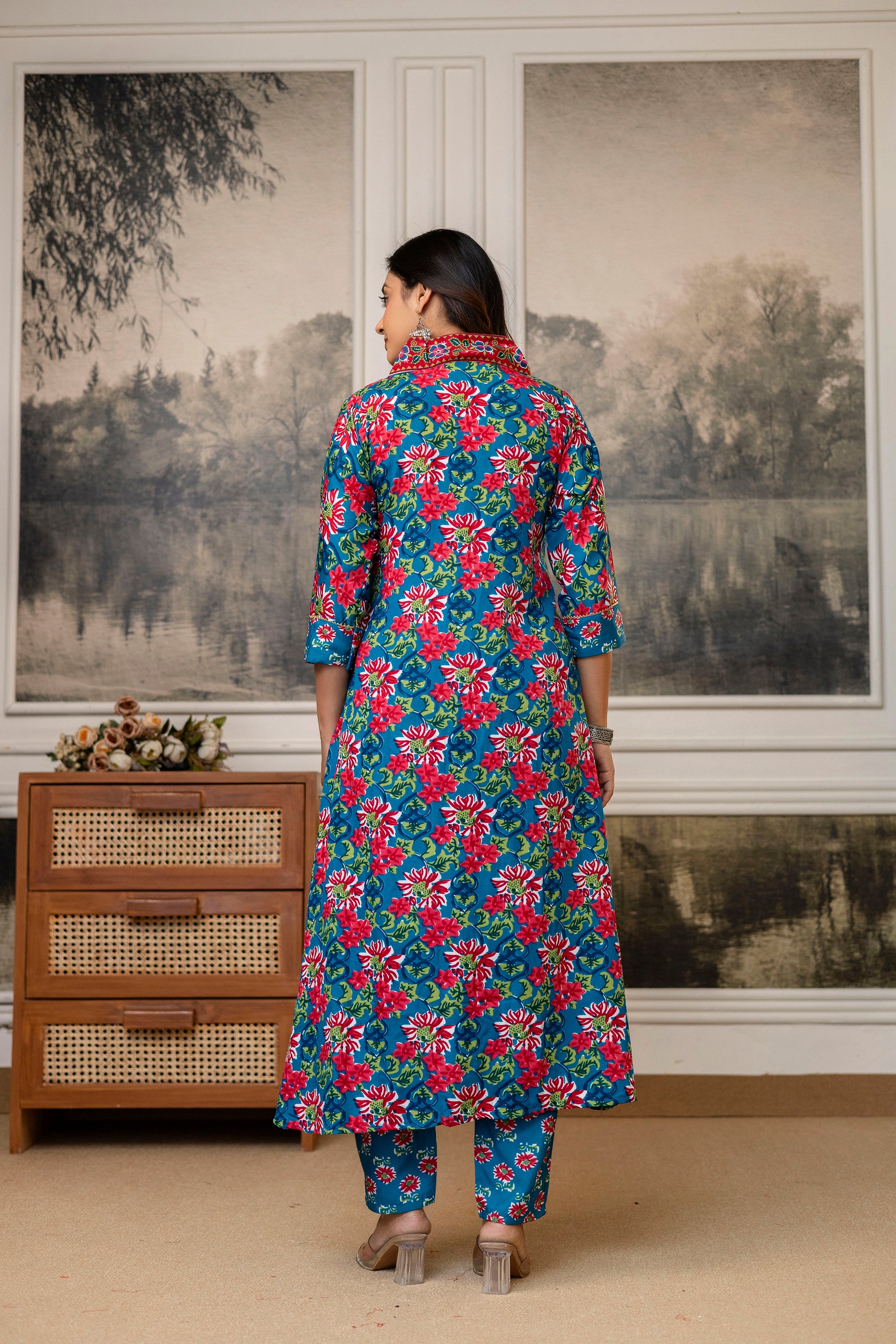 Teal Blue Floral Cotton Kurti Set with Printed Dupatta – Casual Wear