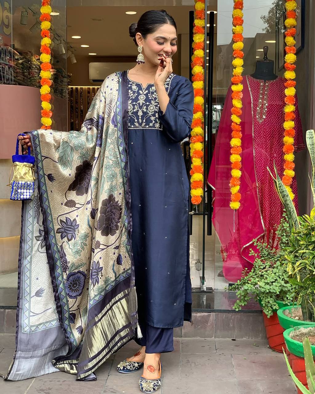Navy Blue Embroidered Kurti Set with Printed Satin Dupatta | Elegant Ethnic Wear for Women