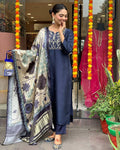 Navy Blue Embroidered Kurti Set with Printed Satin Dupatta | Elegant Ethnic Wear for Women