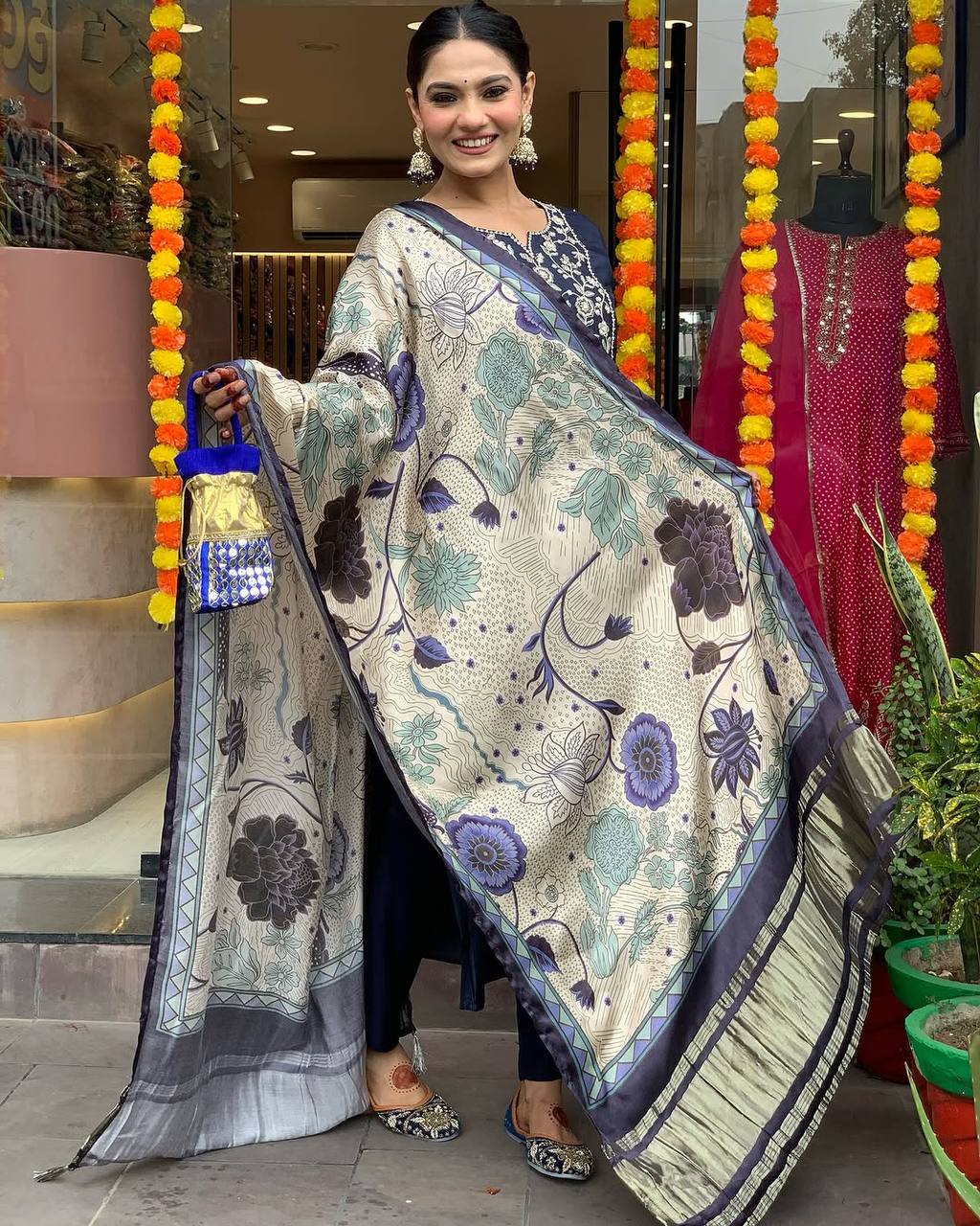 Navy Blue Embroidered Kurti Set with Printed Satin Dupatta | Elegant Ethnic Wear for Women