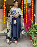 Navy Blue Embroidered Kurti Set with Printed Satin Dupatta | Elegant Ethnic Wear for Women
