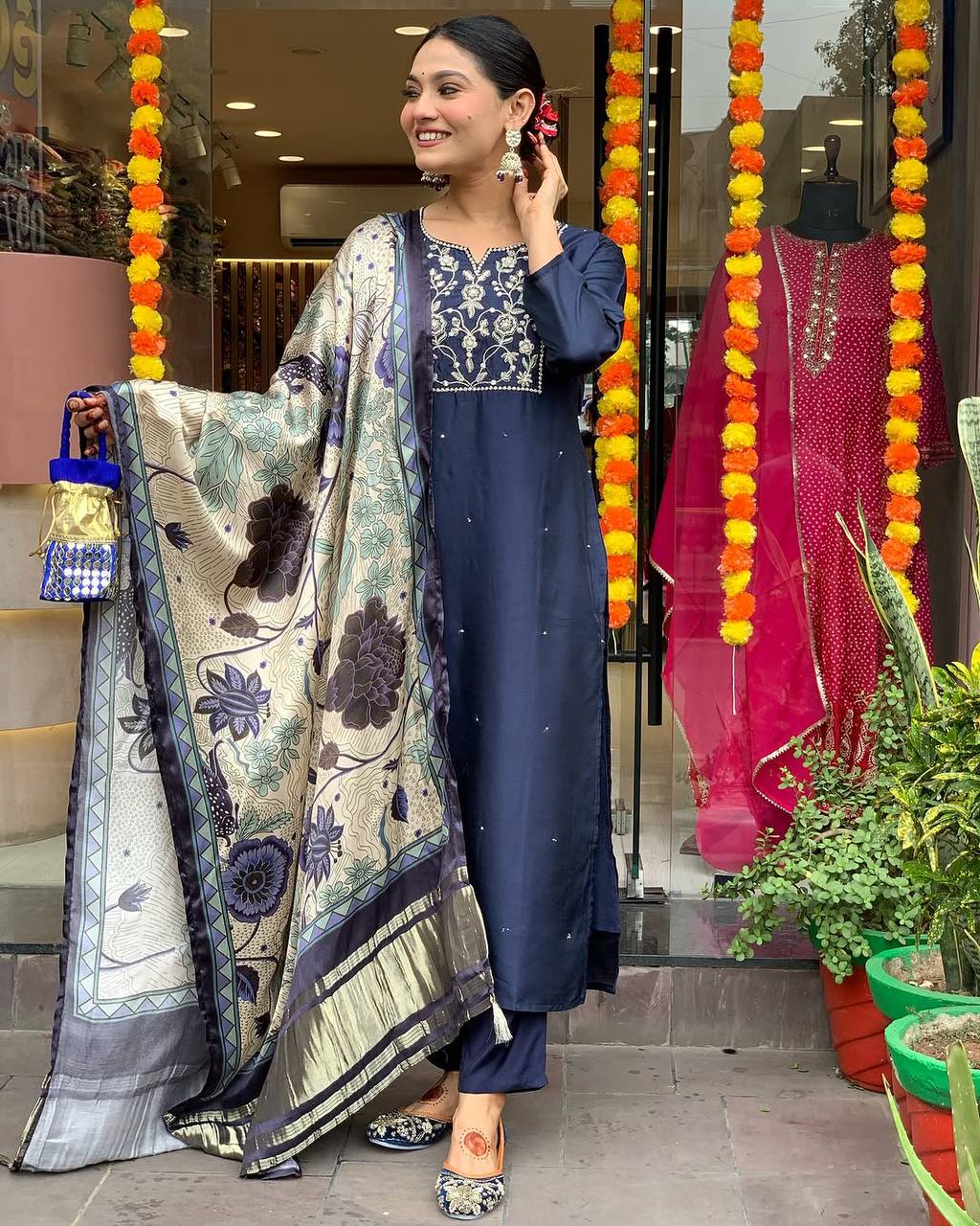 Navy Blue Embroidered Kurti Set with Printed Satin Dupatta | Elegant Ethnic Wear for Women