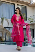 Hot Pink Embroidered Kurta Set with Printed Dupatta – Wedding & Festive Wear