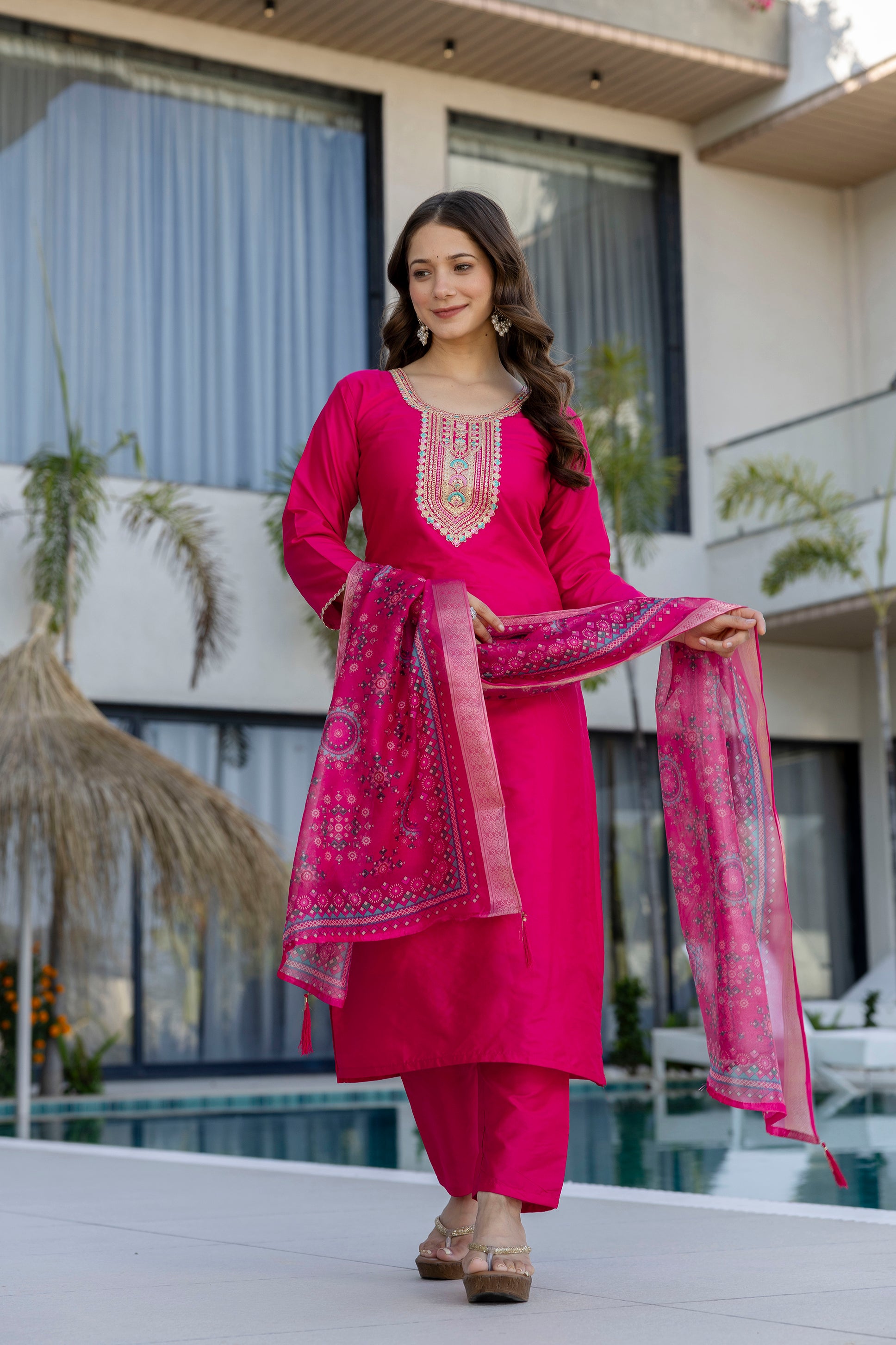 Hot Pink Embroidered Kurta Set with Printed Dupatta – Wedding & Festive Wear