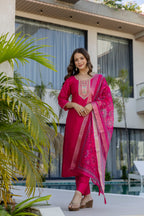 Hot Pink Embroidered Kurta Set with Printed Dupatta – Wedding & Festive Wear