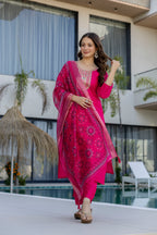 Hot Pink Embroidered Kurta Set with Printed Dupatta – Wedding & Festive Wear
