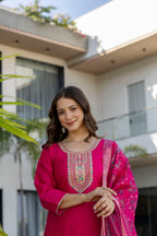 Hot Pink Embroidered Kurta Set with Printed Dupatta – Wedding & Festive Wear