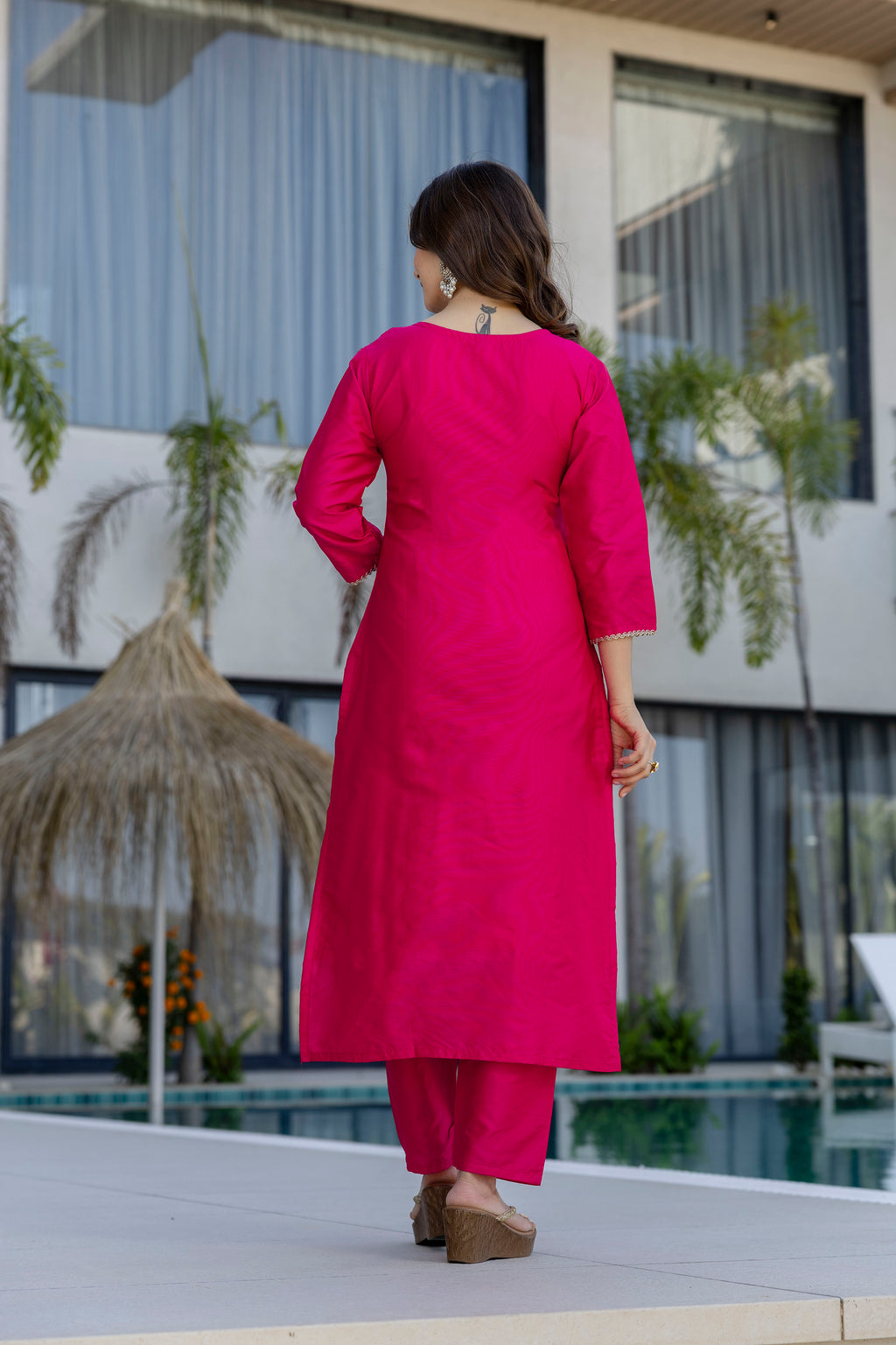 Hot Pink Embroidered Kurta Set with Printed Dupatta – Wedding & Festive Wear
